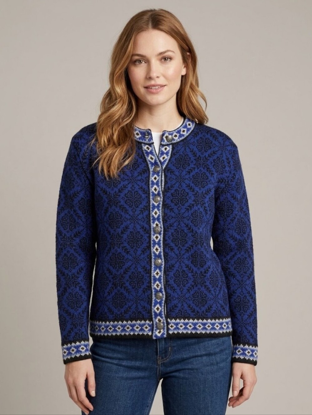 Vintage L.L. Bean Blue Wool Fair Isle Nordic Cardigan Sweater Women's Medium